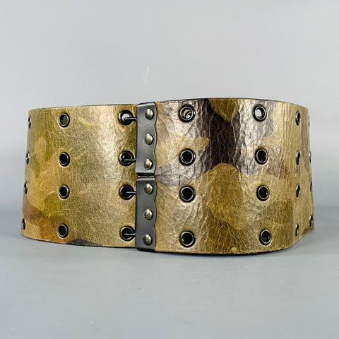 PLEIN SUD Green Brown Camouflage Leather Wide Belt