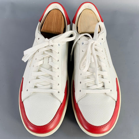 SAINT LAURENT Size 10 White Red Perforated Leather Color Block Low Top Sneakers