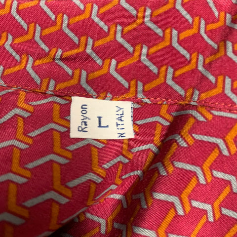 BRIONI Size L Burgundy Orange Blue Geometric Print Rayon Short Sleeve Shirt