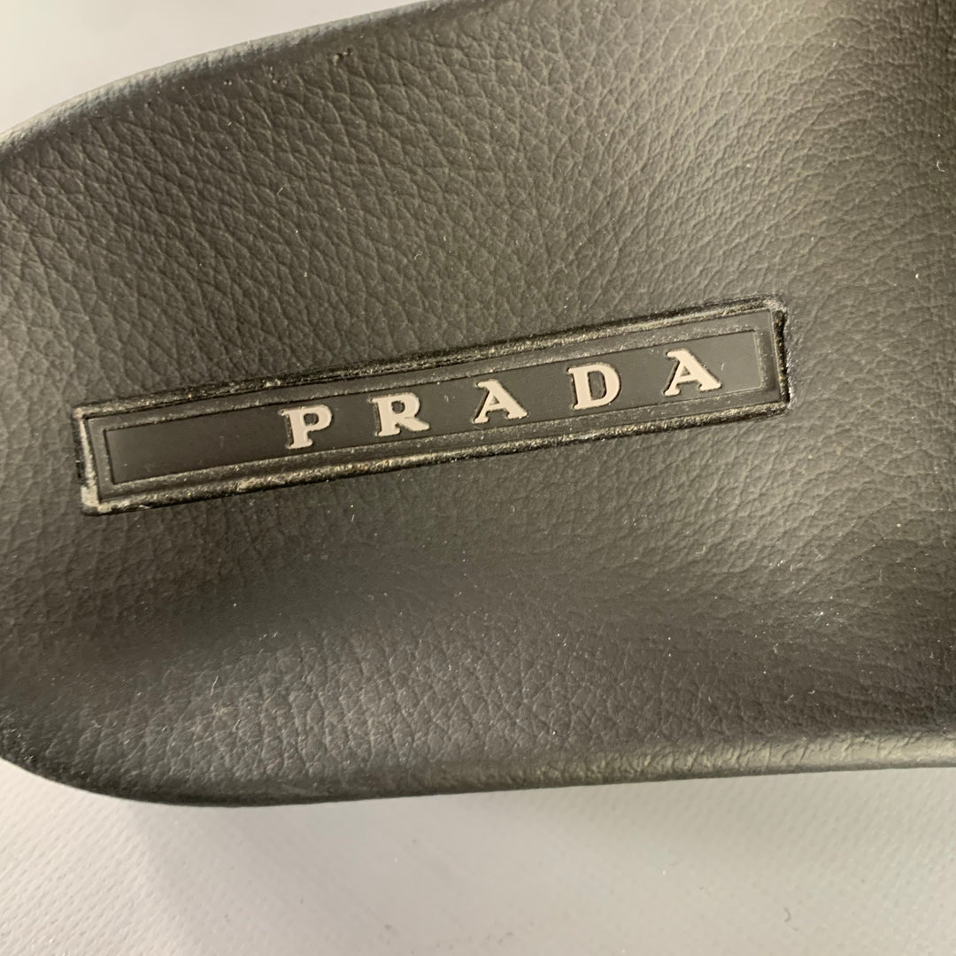 PRADA Size 8 Black & White Logo Rubber Slide Sandals