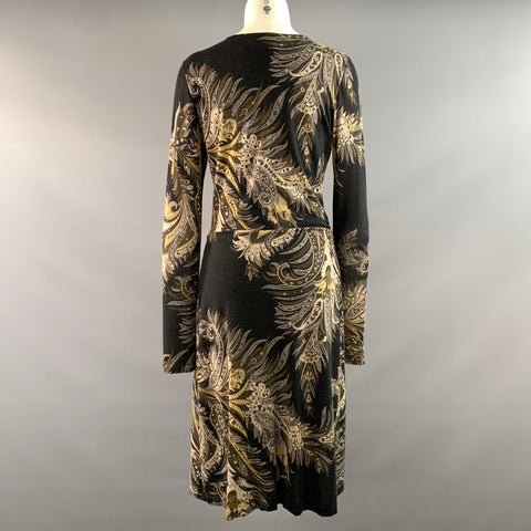 ETRO Size 6 Black Cream Wool Blend Paisley V Neck Knee Length Dress