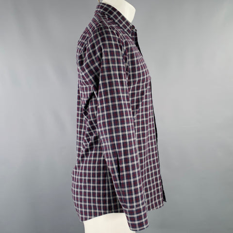 DRIES VAN NOTEN Size S Navy Burgundy Plaid Cotton Button Down Long Sleeve Shirt