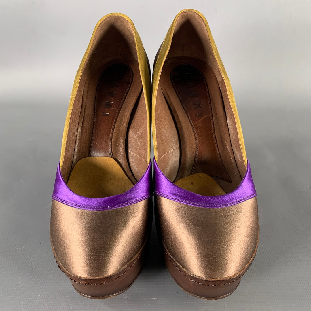 MARNI Size 7.5 Bronze Purple Satin Stripe Round Toe Pumps