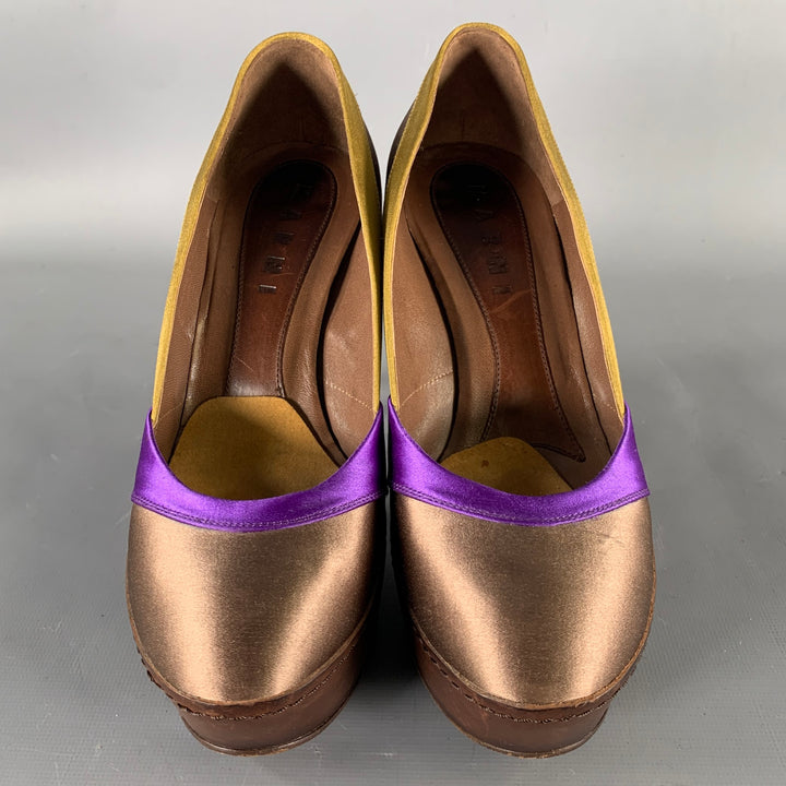 MARNI Size 7.5 Bronze Purple Satin Stripe Round Toe Pumps