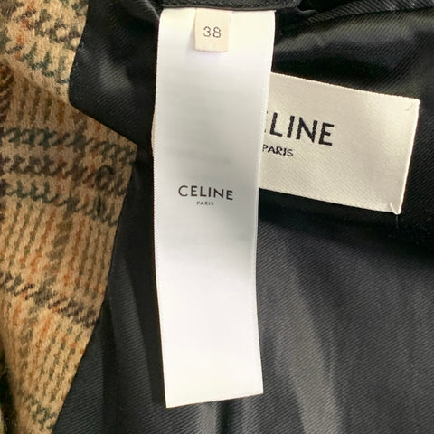 CELINE Taille 6 Manteau à manches raglan à carreaux en mélange de laine kaki marron olive