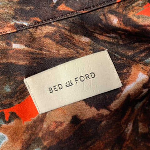 BED J.W. FORD Size S Orange Brown Blue Leaf Print Polyester Camp Collar Long Sleeve Shirt