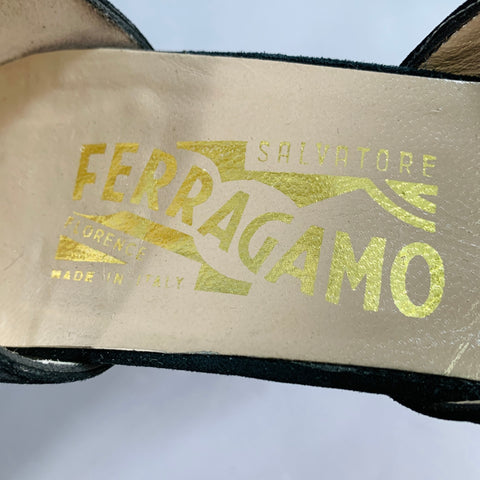 SALVATORE FERRAGAMO Size 9 Black Suede Peep Toe Stacked Heel Ankle Strap Sandals