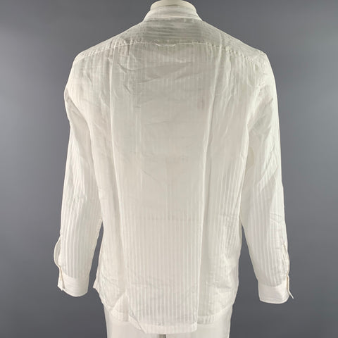TODD SNYDER Size L White Stripe Cotton Silk Band Collar Long Sleeve Shirt