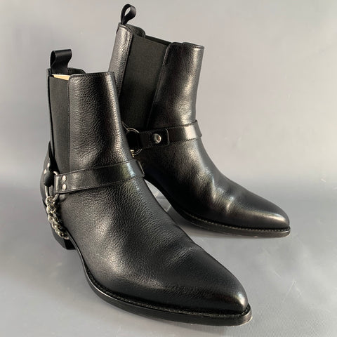 CELINE Size 9 Black Silver Leather Harness Boots