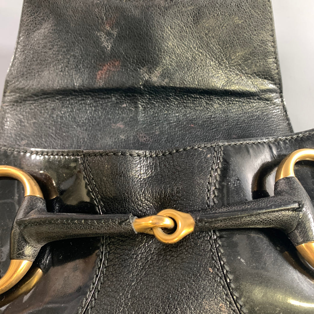 GUCCI Black Gold Horsebit Leather Clutch Shoulder Handbag