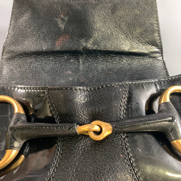 GUCCI Black Gold Horsebit Leather Clutch Shoulder Handbag
