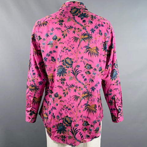 ETRO Size XL Magenta Orange Green Floral Cotton Button Up Long Sleeve Shirt