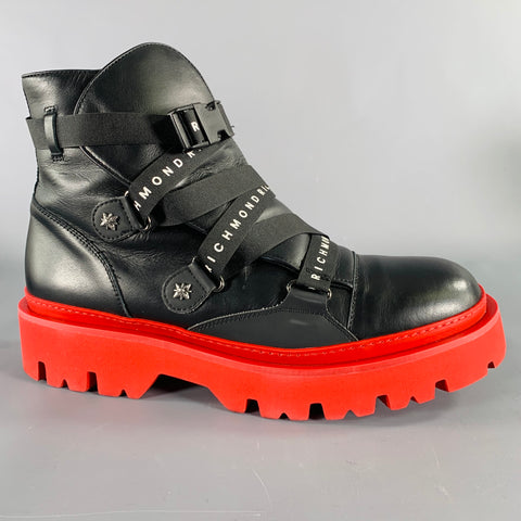 JOHN RICHMOND Size 13 Black Red Solid Leather Track Sole Boots