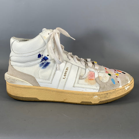 LANVIN Size 8 White Multi Color Splattered Leather High Top Sneakers