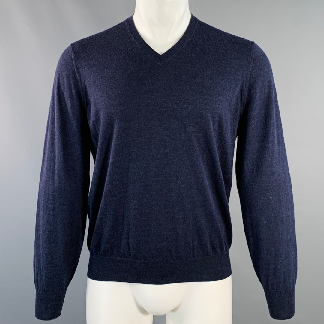 BRUNELLO CUCINELLI Size M Navy Jersey Wool Cashmere V-Neck Pullover