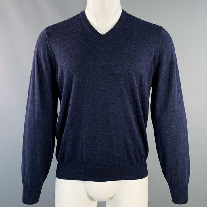 BRUNELLO CUCINELLI Size M Navy Jersey Wool Cashmere V-Neck Pullover