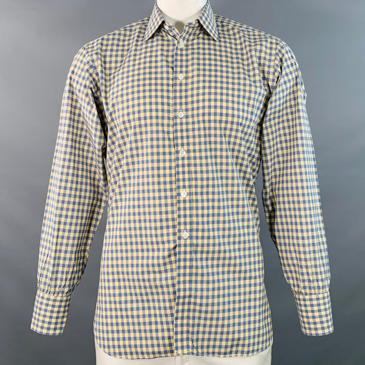 TURNBULL & ASSER Size L Blue Yellow Checkered Cotton Long Sleeve Shirt