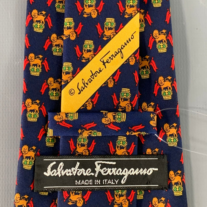 SALVATORE FERRAGAMO Navy Red Orange Lion Crest Silk Tie