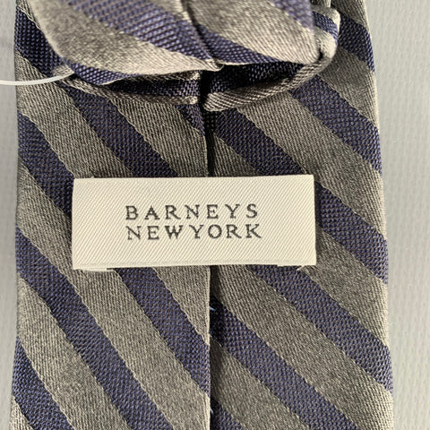 BARNEY'S NEW YORK Grey Navy Diagonal Stripe Silk Cotton Tie