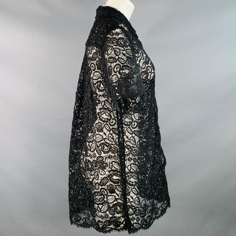 STAUD Size M Black Polyester Lace Button Up Short Sleeve Shirt