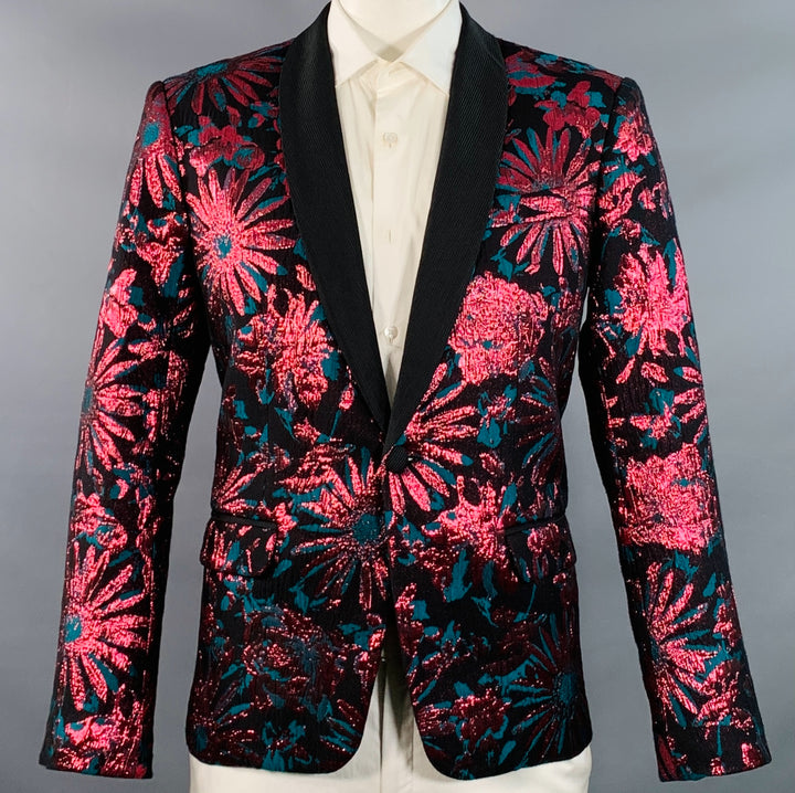 MR TURK Size 42 Black Pink Green Floral Jacquard Polyester Blend Sport Coat