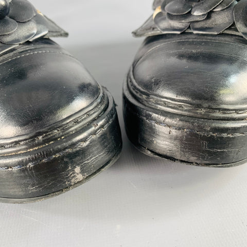 CHANEL Size 7 Black Leather Camellias Faux Pearls Applique High Top Sneakers