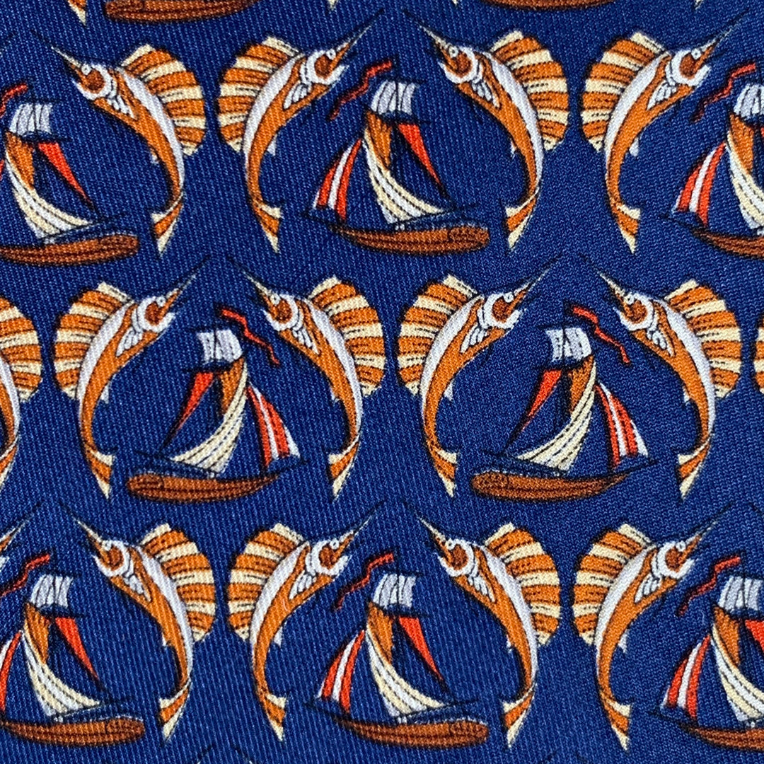 SALVATORE FERRAGAMO Navy Orange Swordfish Nautical Silk Tie