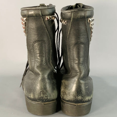 RO SEARCH Vintage Size 11 Black Silver Studded Leather Lace-Up Military Boots