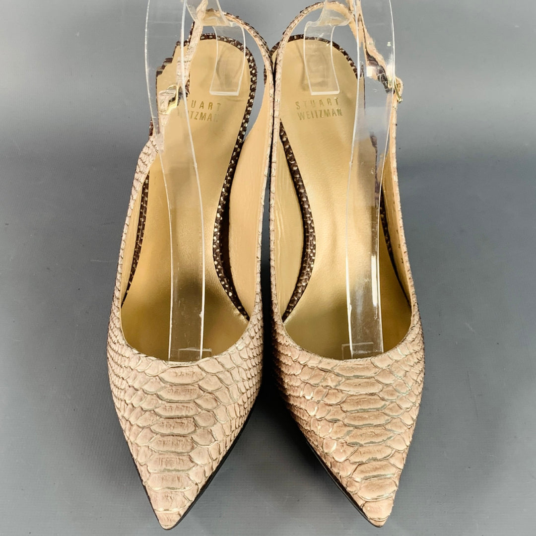 STUART WEITZMAN Size 9.5 Daisy Grey Gold Textured Snakeskin Effect Leather Slingback Pumps