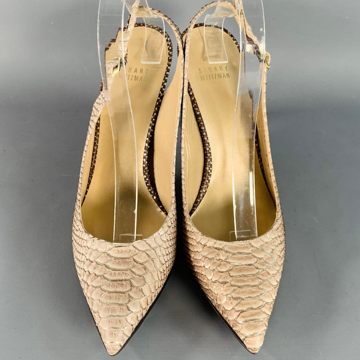 STUART WEITZMAN Size 9.5 Daisy Grey Gold Textured Snakeskin Effect Leather Slingback Pumps