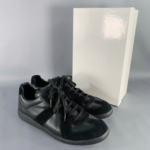 MAISON MARGIELA Size 13 Black Mixed Fabrics Leather Low Top Sneakers