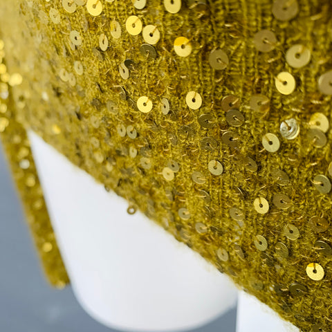 DONNA KARAN Size S Gold Olive Cashmere Silk Sequined V-Neck Long Sleeve Pullover