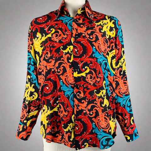 BILLIONAIRE COUTURE Size XL Black Multi Color Print Silk Long Sleeve Shirt