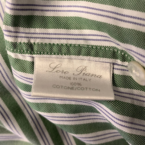 LORO PIANA Size XL White Green Blue Stripe Cotton Long Sleeve Shirt