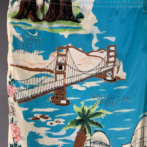 AMIRI SS23 CALIFORNIA HAWAIIAN Size 36 Blue Graphic Polyester Blend Drawstring Swim Trunks