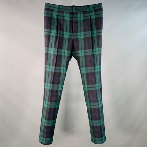 VALENTINO Size 32 Navy Green Plaid Wool Pleated Tapered Dress Pants