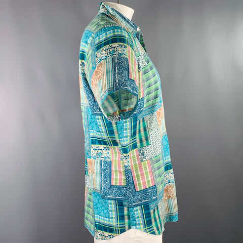 ETRO Size XL Blue Green Patchwork Paisley Cotton One Pocket Short Sleeve Shirt