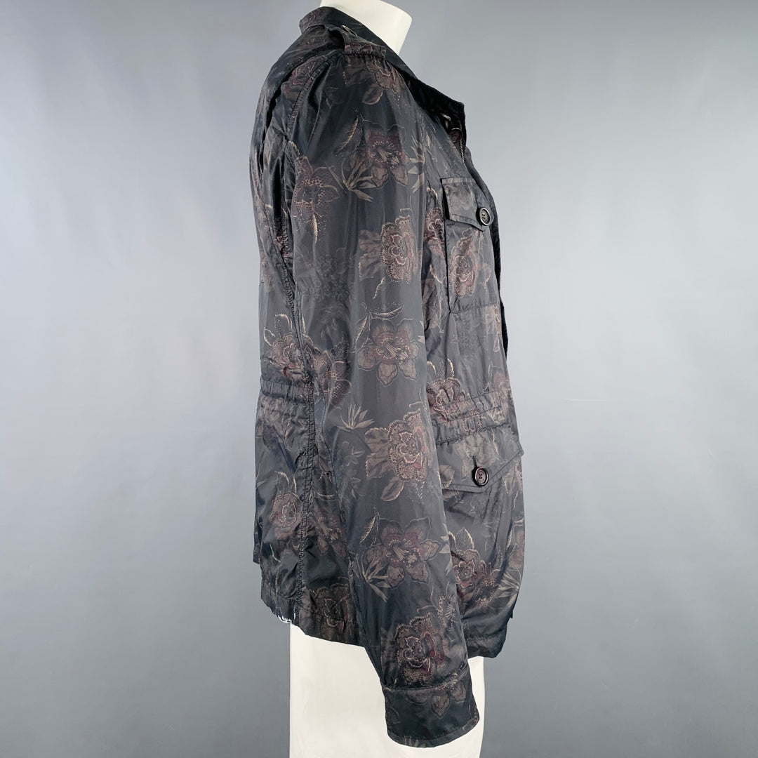 ETRO Size XL Black Tan Floral Polyamide Epaulettes Jacket