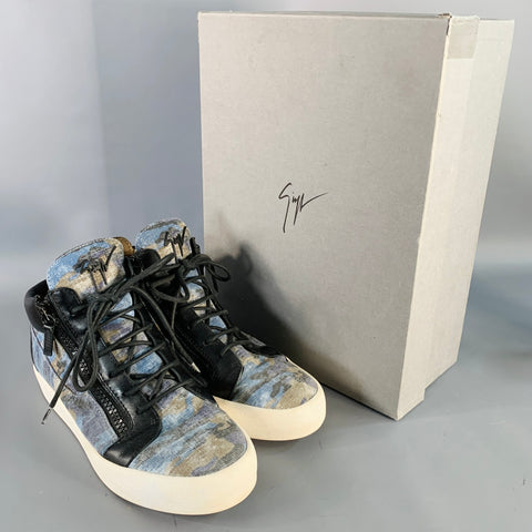 GIUSEPPE ZANOTTI Size 10 Black Blue Camo Canvas High Top Sneakers
