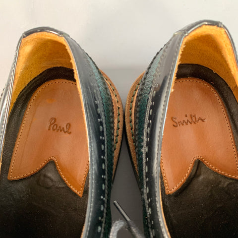 PAUL SMITH Size 10 Black Green Perforated Pebble Grain Leather Wingtip Lace-Up Shoes