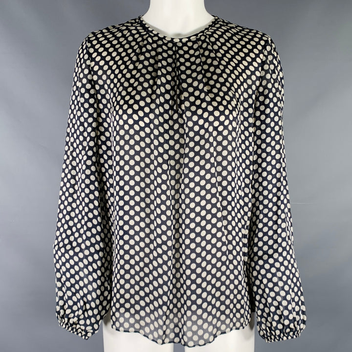 CAROLINA HERRERA Size 8 Black Ivory Silk Polka Dot Pop Over Blouse
