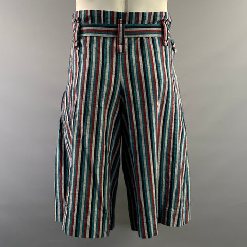 ISSEY MIYAKE Size L Grey Teal & Red Stripe Cotton Belted Shorts