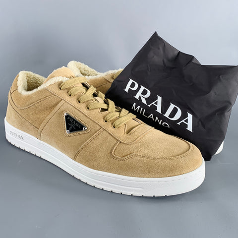 PRADA Size 12 Downtown Shearling Tan Suede Lace-Up Sneakers