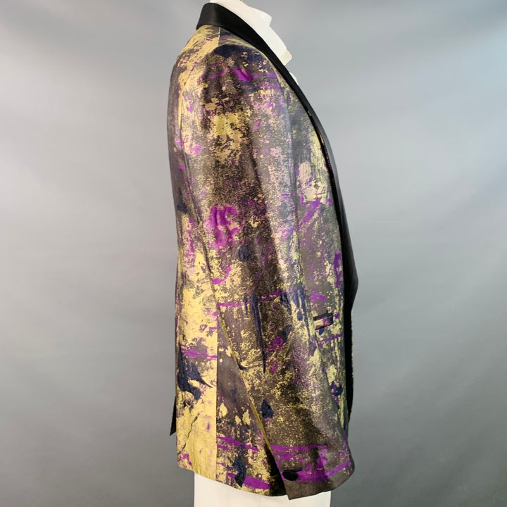 VERSACE Size 44 Black Gold Purple Abstract Silk Blend Shawl Collar Sport Coat