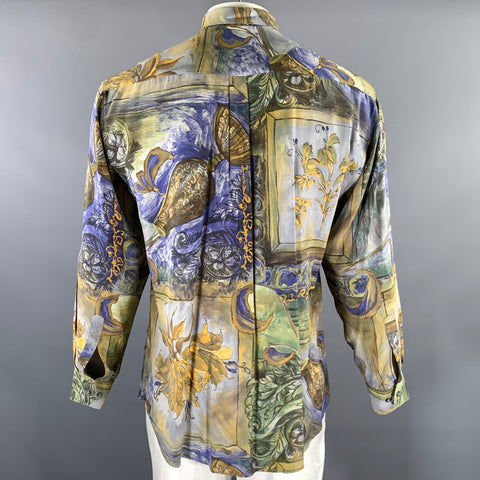 JEAN CHATEL Size L Blue Brown Multi-Color Painted Floral Long Sleeve Shirt