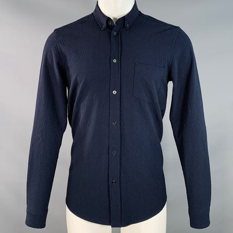 SAMSOE & SAMSOE Size S Navy Black Seersucker One Pocket Long Sleeve Shirt