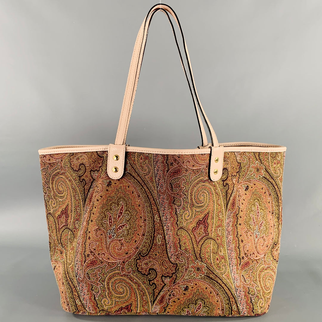 ETRO Multi Color Pink Paisley Leather Jacquard Reversible Tote Handbag
