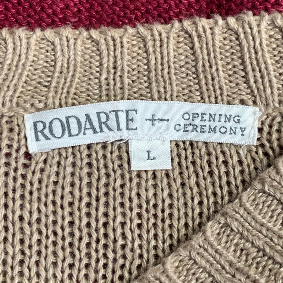 RODARTE for OPENING CEREMONY Size L Beige Red Knit Linen V-Neck Sweater