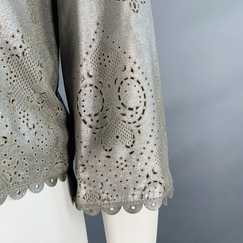 EMILIO PUCCI Size 10 Silver Perforated Leather Peter Pan Collar Single Button Jacket Blazer
