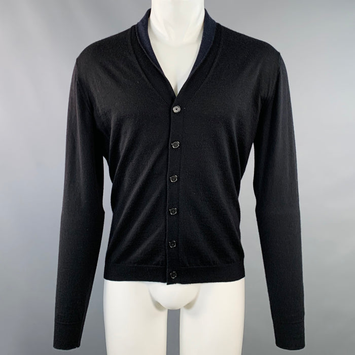 JIL SANDER Size M Black Navy Knit Cashmere Silk Shawl Collar Cardigan